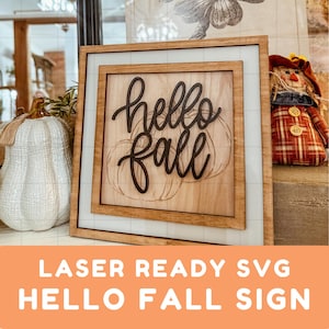 Fall Laser SVG Sign Hello Fall Pumpkins with Double Frame SVG Digital File Laser Ready