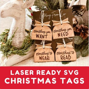 Set of 4 Holiday Gift Tags SVG Digital File | Laser Cut SVG | &quot;Something You Want, Need, Wear, Read&quot; Hand-Lettered | Christmas Gift Tag File