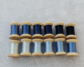 Hand-Dyed Blue Color Shades Mulberry Silk Embroidery Thread, 12 Spools #S20T
