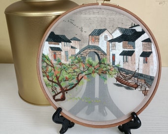 TABLE WALL DECORATION  embroidery finished| Suzhou Hand Embroidery Art Hoop丨Framed Wall/Dangling Hanging Oriental/ home Decro/Petit Bridge