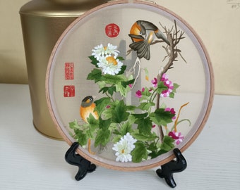 Vintage chinois oriental soie broderie textile panneau oiseaux encadré 24 x 10,25 - France