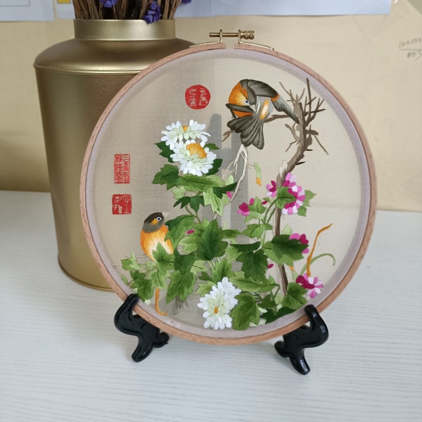 Décoration de table ornement lEmbroidery peinture Fini| Oiseaux et fleur丨Framed Chinois Suzhou Broderie à la main murale accrochage mural丨Home Decro