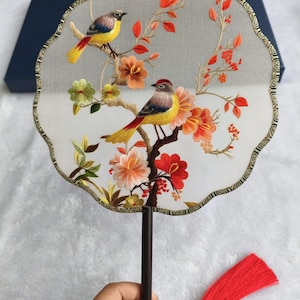 Handmade Double-Sided Silk Embroidery Fan: Birds and Flowers Court Style