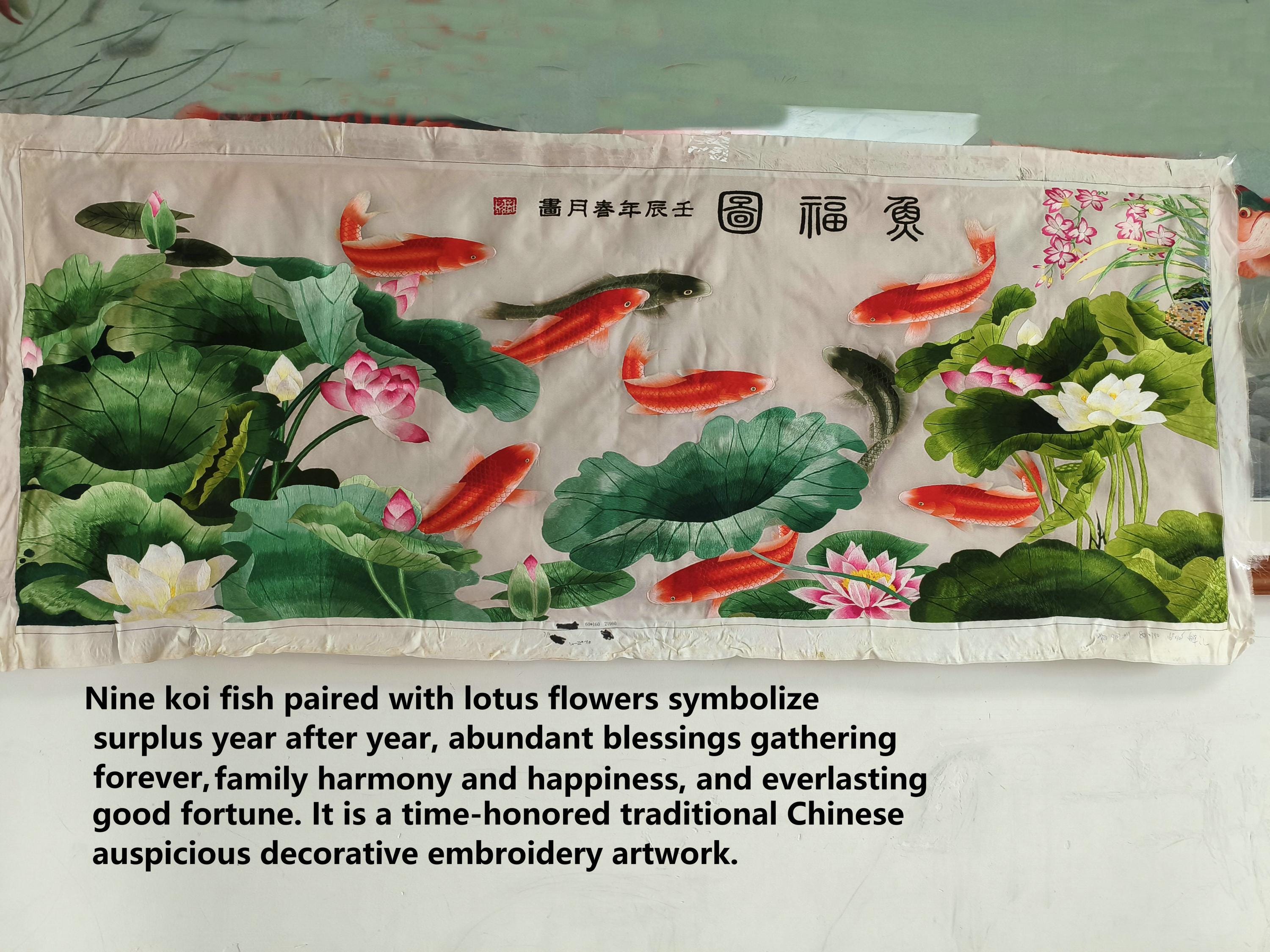 Koi Fish Lotus Silk Embroidery Wall Art, Chinese Suzhou Embroidery, Old Asian Wall Hanging, Fish Blessing Painting, 60x160cm