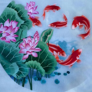 Lotus Blume Koi Fisch Wandbild Wandbild ungerahmt Wandbild Stickerei Wanddeko Wanddeko chinesische Seide SIZE 50X 50 CM