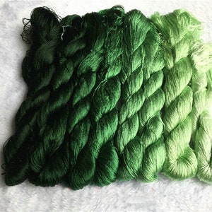 Può includere: Una collezione di fili da ricamo verdi in varie tonalità, dal verde foresta scuro a una tonalità chiara, quasi chartreuse. I fili sono avvolti strettamente in matasse, mostrando le variazioni di colore e la consistenza del filo. Ideale per ricamo e altri lavori artigianali.