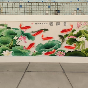 Wandung hängen Lotus und rote Karpfen ungerahmt Gemälde Wohnkultur Exquisite chinesische handgemachte Seide Suxi Stickerei 60X 160 cm