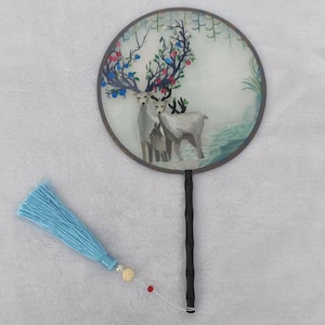 Elk Animal Patterm Oriental Chinese Suzhou Suxiu Double-sided Hand Embroidery Art Round Fan Finished Framed Christmas gift