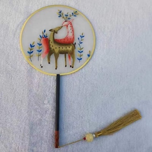 Elk Oriental Chinese Double-sided Hand Embroidery Art Round Fan Finished Framed Gift for friend parents Birthday gift