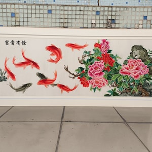 Wandbehang Pfingstrose rote Karpfen ungerahmte Malerei Wohnkultur Exquisite chinesische handgemachte Seide Suxi Stickerei 60X 160 cm