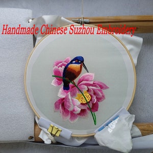 Eisvogel und Lotusblume Wandung ungerahmt fertig Seide Suxi Stickerei Malerei Wohnkultur Chinesische Handarbeit SIZE 20X 20 CM