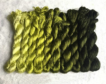 May include: A collection of embroidery thread skeins arranged in a gradient color sequence, transitioning from a bright lime green on the left to a deep, dark forest green on the right. The threads have a lustrous, silky texture and appearance.