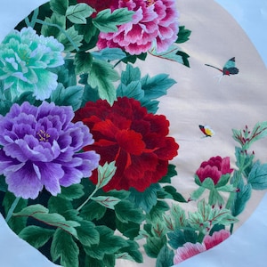 Pfingstrose Blume Wandbild ungerahmt Handgestickte chinesische Seidenmalerei Suzui Stickerei GRÖSSE 35X 35 CM