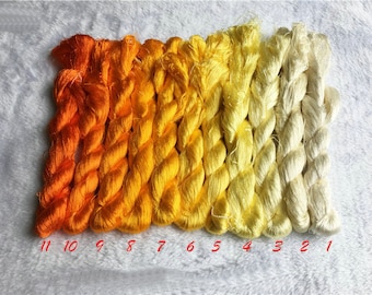 May include: Eleven twisted skeins of embroidery thread arranged in a color gradient from deep orange to pale cream. Each skein is labeled with a red number from 1 to 11, starting with 1 on the right in cream and ending with 11 on the left in orange.