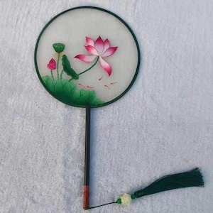 Lotus water lily Oriental Chinese Double-sided Hand Embroidery Art Round Fan Finished Framed Gift for friend parents