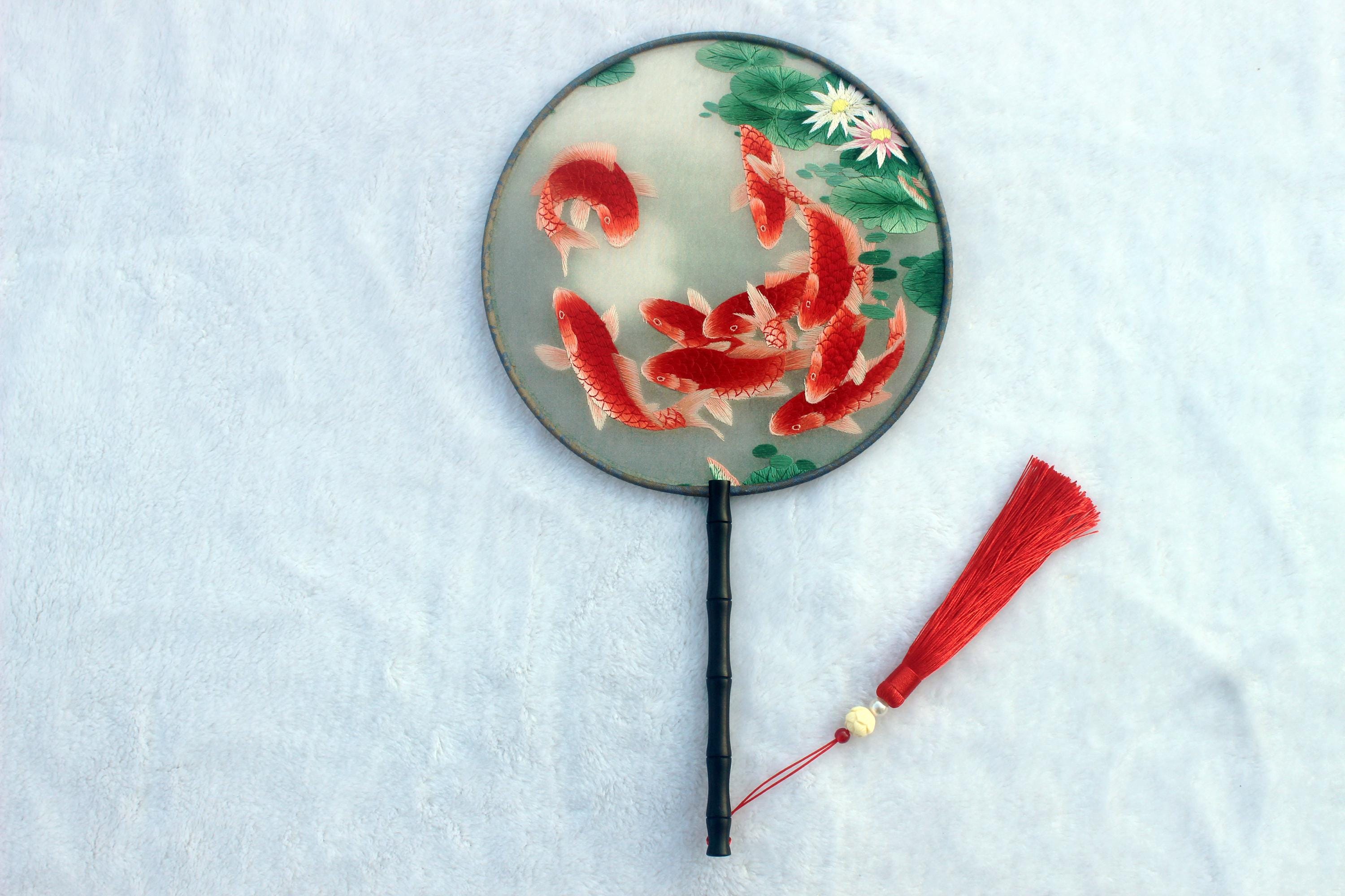 Koi Fish Embroidery Fan, Double-sided Silk Art, Chinese Gift - Etsy
