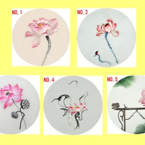 May include: Five embroidered circular designs featuring pink lotus flowers with green leaves and stems. The designs are numbered 1 through 5.