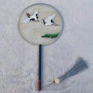 Crane Oriental Chinês Bordado à Mão Dupla Face Arte Redondo Leque Acabado Presente Emoldurado para ela