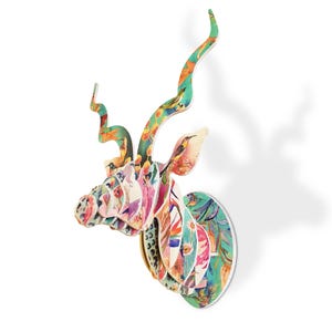 African Animal Kudu Head with Artist Print - Flowers & Birds | Faux Deer Head | Wall mount | South Africa