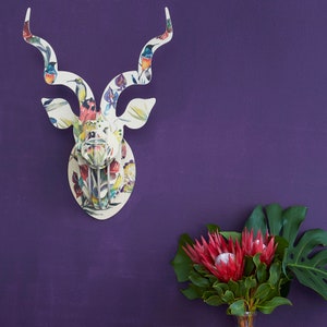 African Kudu Head with Artist Print - Proteas & Birds | Faux Deer Head | Wall Mount | South Africa