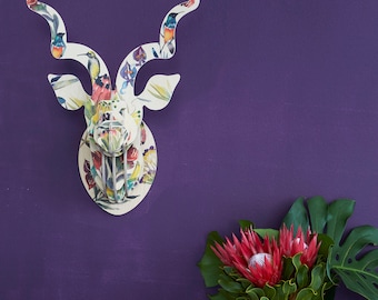 African Kudu Head with Artist Print - Proteas & Birds / Faux Deer Head / Home Wall Decor