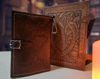Hand-engraved leather book cover, customizable size - vintage accessory for larp and collecting