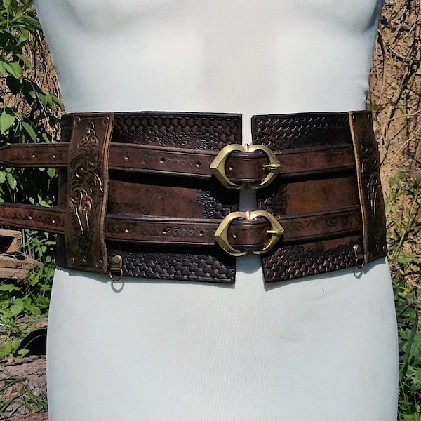 PIRATE Belt with double buckle and celtic decorations warrior waistband Larp Cosplay theater in pure leather high waist armor belly-band