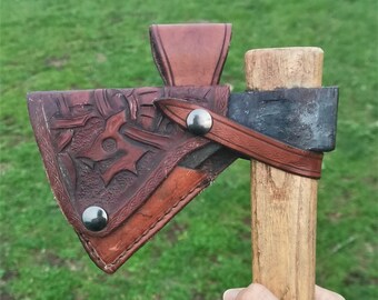 Leather Axe engraved COVER sheath handmade high quality bushcraft accessory / ax head thick protection