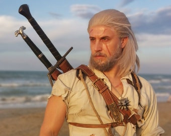 The Witcher 3 Geralt di Rivia doppio FODERO per spade d'argento e d'acciaio per costume cosplay fantasy medievale in cuoio fatta a mano Larp