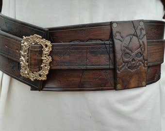 PIRATE BELT with metallic buckle and jolly roger buccaneer corsair Larp Cosplay theater pure leather high waist belt armor Jack Sparrow