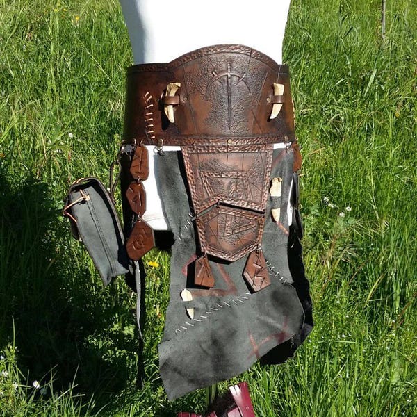Ceinture en cuir à glands faulds jupe armure de barbare tribal avec sac à main en cuir rune os armure GN cosplay ceinture armure viking