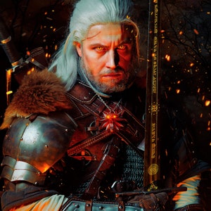 May include: A man with long white hair and a beard is wearing a leather and metal armor with a sword. He has a serious expression on his face and is looking directly at the camera. The background is a dark forest with flames and sparks.