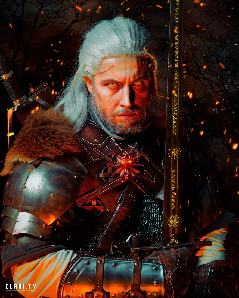 May include: A man with long white hair and a beard is wearing a leather and metal armor with a sword. He has a serious expression on his face and is looking directly at the camera. The background is a dark forest with flames and sparks.