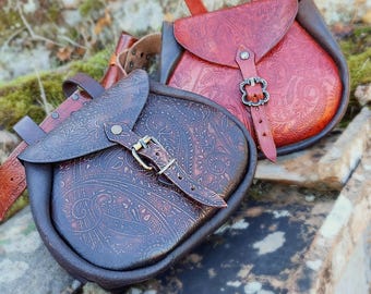 Handmade Damask Decor Leather Belt Pouch: Medieval Renaissance Bag