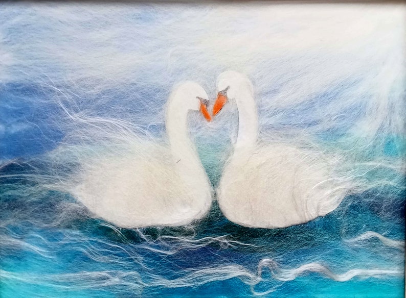 tableau en laine : couple de cygnes image 3