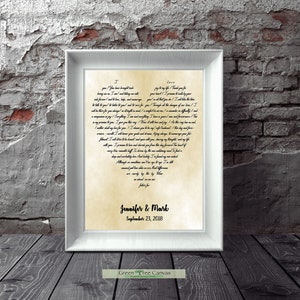 Song lyrics in heart shape, Wedding vows print, Wedding gift from maid of honor, Vow renewal art, Niece gift from aunt, Custom canvas poem