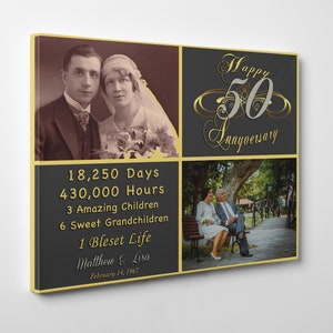 May include: A collage of photos celebrating a 50th anniversary. The top left photo shows a couple on their wedding day. The top right photo shows the text "Happy 50th Anniversary". The bottom left photo shows a list of milestones: 18,250 days, 430,000 hours, 3 amazing children, 6 sweet grandchildren, 1 blessed life. The bottom right photo shows the couple sitting on a bench in a park.