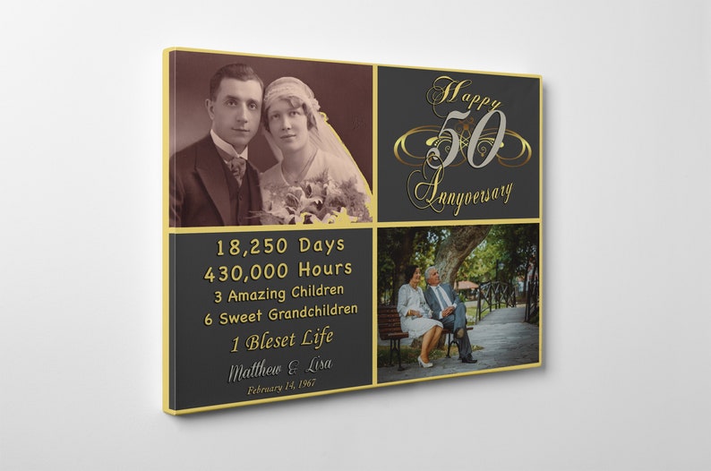 May include: A collage of photos celebrating a 50th anniversary. The top left photo shows a couple on their wedding day. The top right photo shows the text "Happy 50th Anniversary". The bottom left photo shows a list of milestones: 18,250 days, 430,000 hours, 3 amazing children, 6 sweet grandchildren, 1 blessed life. The bottom right photo shows the couple sitting on a bench in a park.