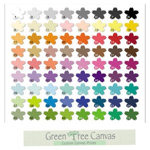 May include: A color chart with 72 different shades of pink, blue, green, yellow, orange, red, purple, and white. Each color is represented by a stylized flower shape.