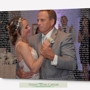 May include: A black and white photo of a father and daughter dancing at a wedding. The father is wearing a gray suit and the daughter is wearing a white dress. The photo is printed on a canvas with a quote about love and butterfly kisses.