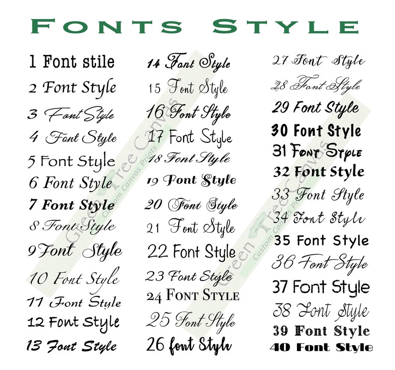 May include: A white background with black text listing 40 different font styles numbered 1 through 40. The text is in a variety of cursive and script fonts.