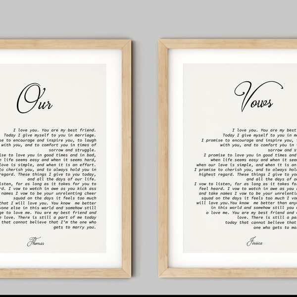 Wedding Vows Calligraphy, Set of 2 prints, Wedding Vows art, Mr and Mrs, Gift for Husband from Wife,  His and Hers Vows, Our Vows Wall Art