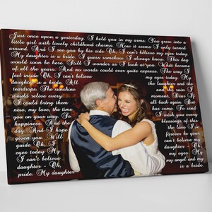 May include: A black and white photo of a father and daughter on their wedding day. The father is holding his daughter close and they are both smiling. The photo is accompanied by a heartfelt message about the joy of seeing his daughter become a bride.