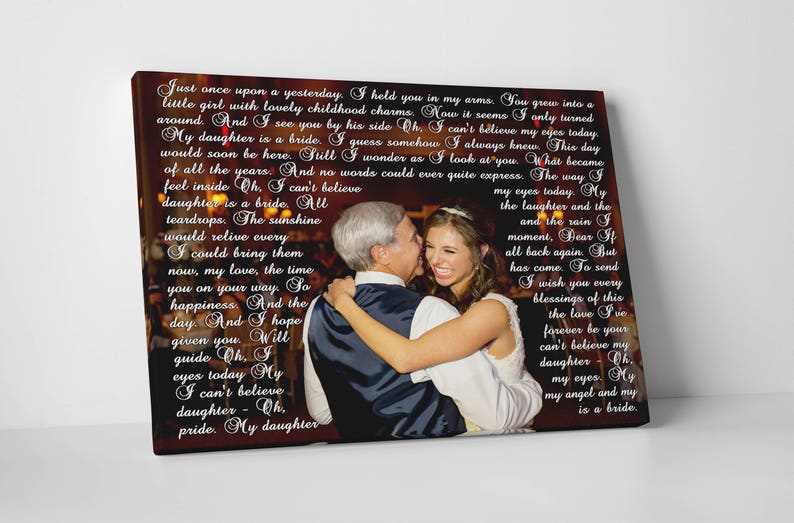May include: A black and white photo of a father and daughter on their wedding day. The father is holding his daughter close and they are both smiling. The photo is accompanied by a heartfelt message about the joy of seeing his daughter become a bride.