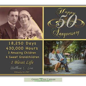 May include: A collage of photos celebrating a 50th anniversary. The top left photo shows a couple on their wedding day. The top right photo shows the text "Happy 50th Anniversary". The bottom left photo shows a list of milestones: 18,250 days, 430,000 hours, 3 amazing children, 6 sweet grandchildren, 1 blessed life. The bottom right photo shows the couple sitting on a bench in a park. The text "Matthew & Lisa" and "February 14, 1967" is also included.