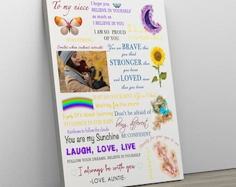 May include: A colorful canvas print with inspirational quotes for a niece. The print features a rainbow, butterflies, a sunflower, and a moon. The text includes "To my niece", "Stay Strong", "You are Brave", "Just do your best", "It's about learning", "You are my sunshine", "Laugh, Love, Live", "Follow your dreams", "I always be with you", and "Love, Auntie".