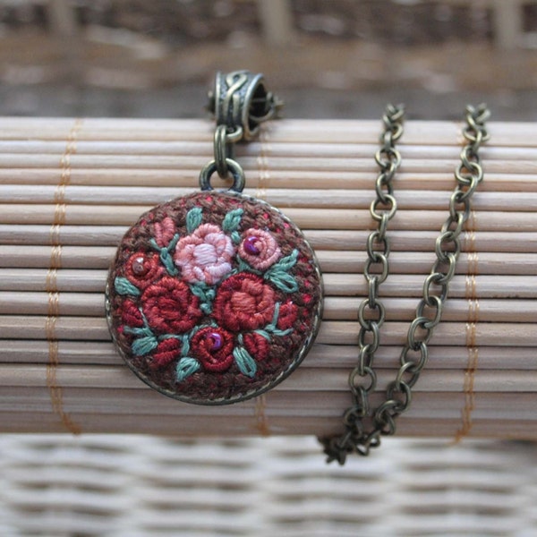Roses necklace embroidered necklace roses jewelry floral pendant for women terracotta necklace everyday jewelry idea Christmas gift for her