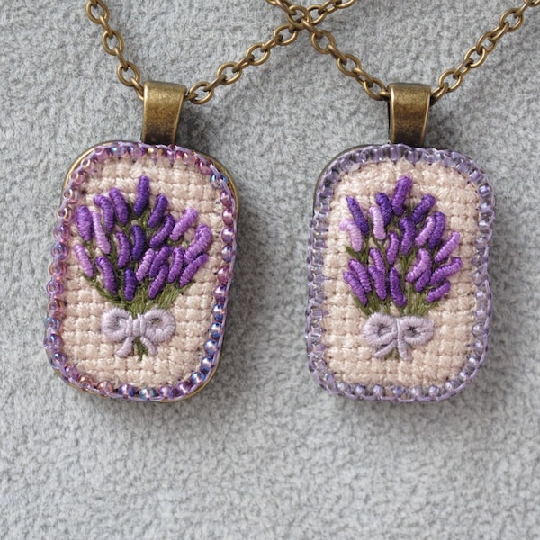 Lavender pendant Purple flowers bouquet necklace Embroidered jewelry Unique pendant Dainty French embroidery Beaded rectangle floral pendant