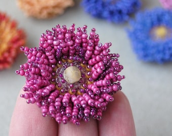 Beaded Aster Brooch Pin with Yellow Agate/Spinel Seed bead Flower bulk jewelry handmade