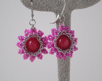 Hot Pink Flower jade earrings Dangle Bead earrings Floral boho earrings Dainty toho bead jewelry Dyed Pink stone earrings Jade drop earrings